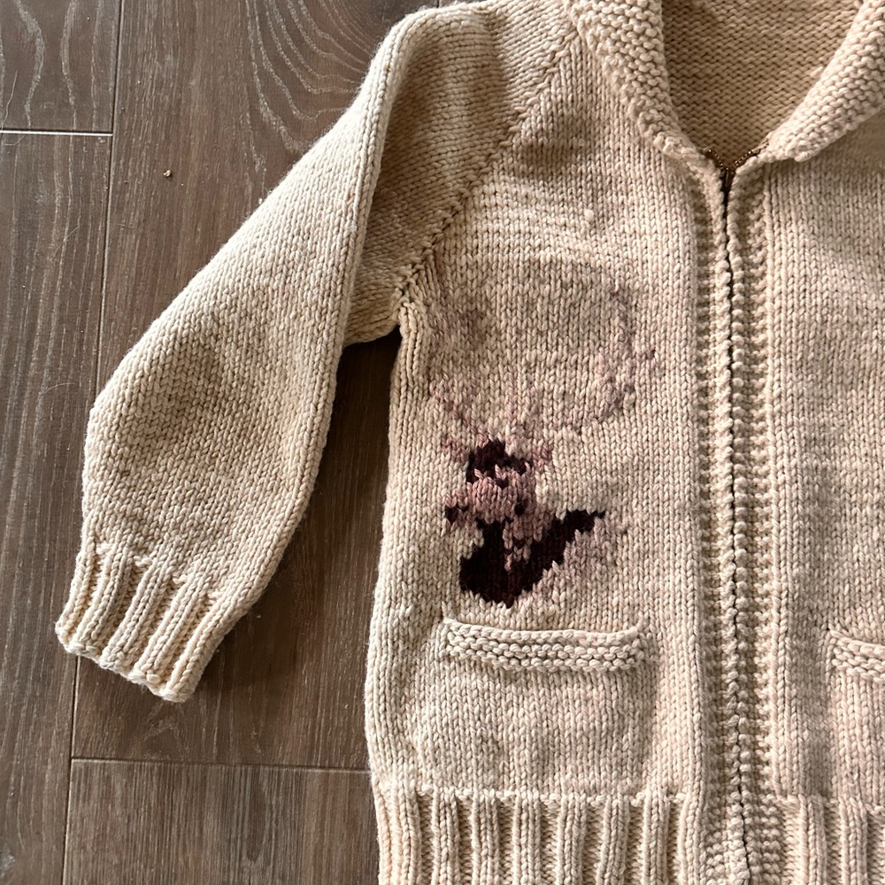 Vintage Hand-Knit Wool Cardigan Sweater – Elk / Lodge Motif - Picture 3 of 8